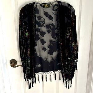 R & K evening, burnt velvet fringe jacket and sequins embellished